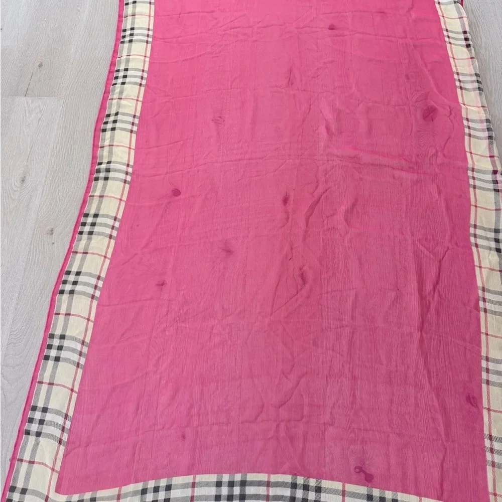 Pink Boho Vintage Sheer Scarf or Beach Wrap Shawl Cover up with Plaid Trim 67*42